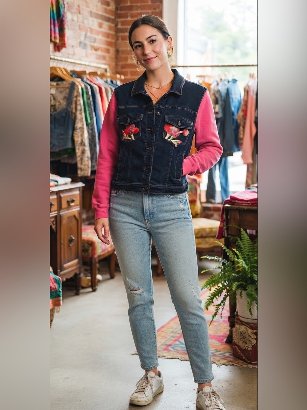 Upcycled Love, Fire Denim Button-Down Jacket with Pink Accents